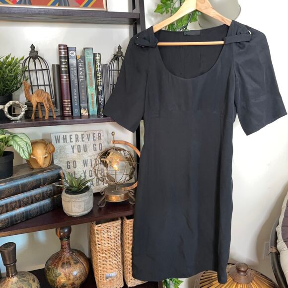 PRADA Silk Little Black Dress Y2K D-Ring Shoulder Tab Sz 38 / XS {O1} - Picture 2 of 8
